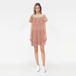 2/$30 DRESS THE POPULATION Midi Dress Size M Pink Polka Dot Semi Sheer Lined